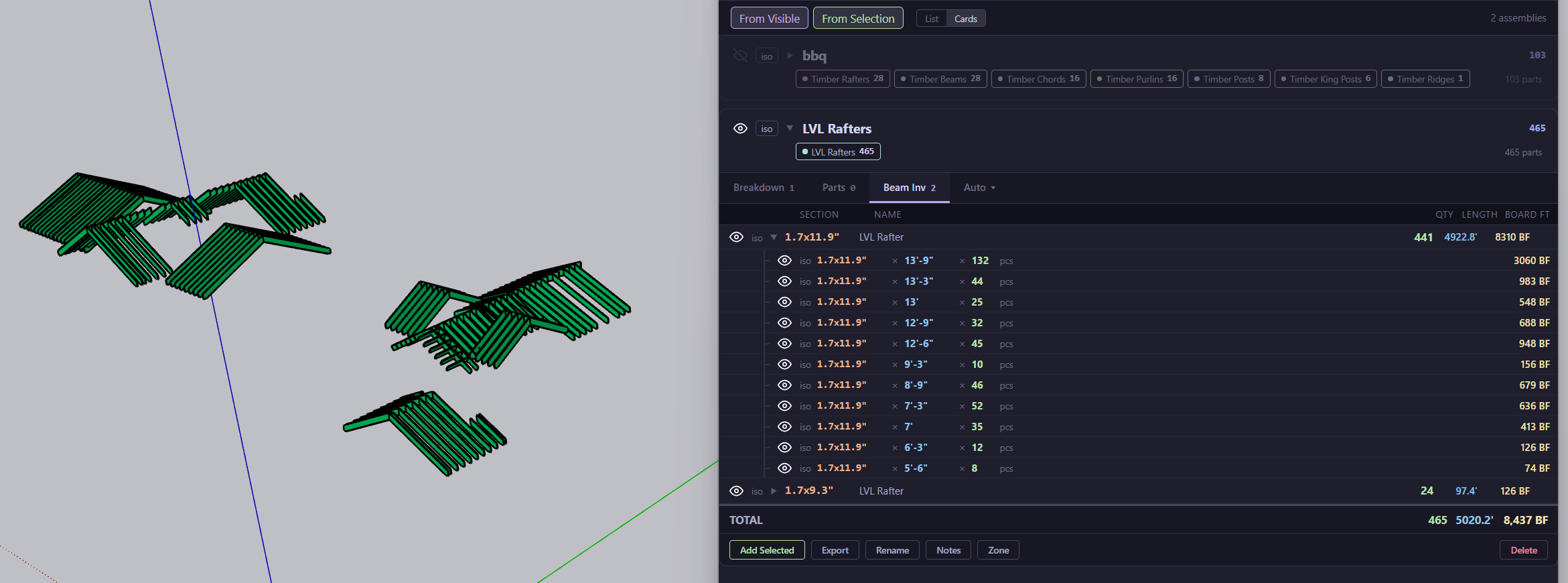 Expanded beam inventory showing 465 LVL Rafters with individual lengths and board feet